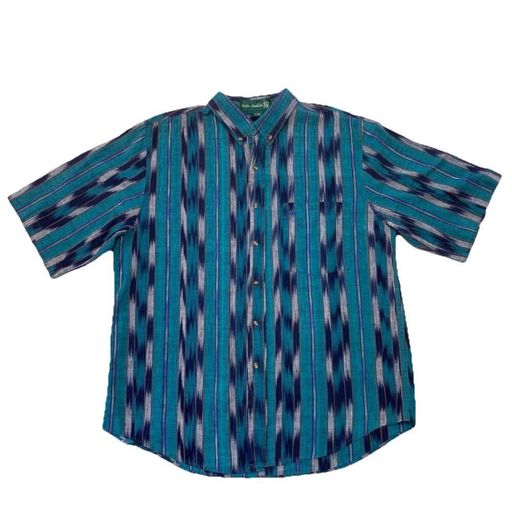 Vintage Men’s XL Ikat Striped Button Up Shirt Teal Blue Short Sleeve 90s